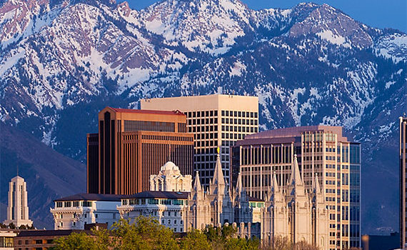View of Salt Lake City and Temple with Wasatch Mountains in background