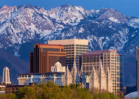 View of Salt Lake City and Temple with Wasatch Mountains in background