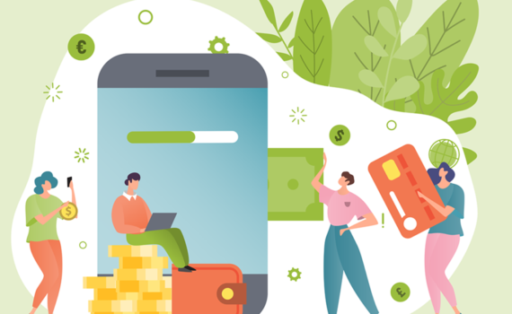 Images of people using mobile phone and credit cards