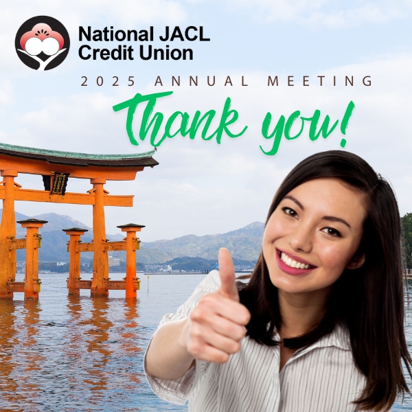 2025_0505_JACL_pageimage_600x600_ThankYou_AnnualMeeting-1 Young Asian women standing in front of a Tori with a thumbs up and smile.