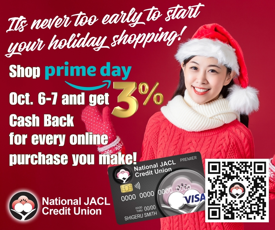 Woman in Santa hat excited about get 3% cashback for Prime Day