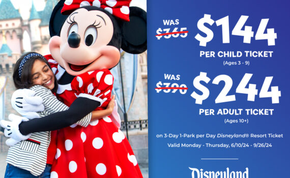 Smiling young girl getting a hub from Minnie Mouse.