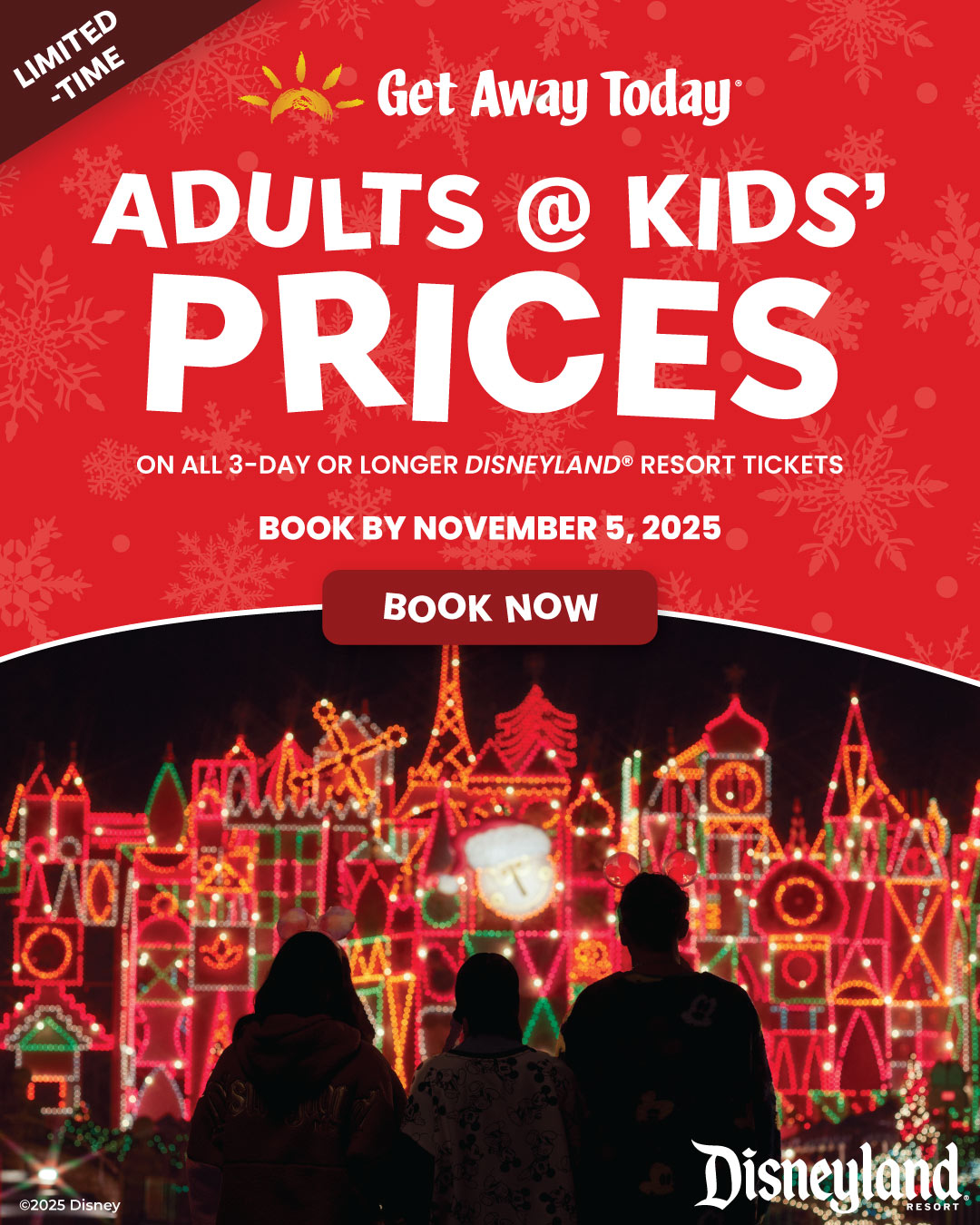 Adults-at-Kids-Nov-5-Assets-Social-13 Family of three in silhouette viewing Disneyland at night.