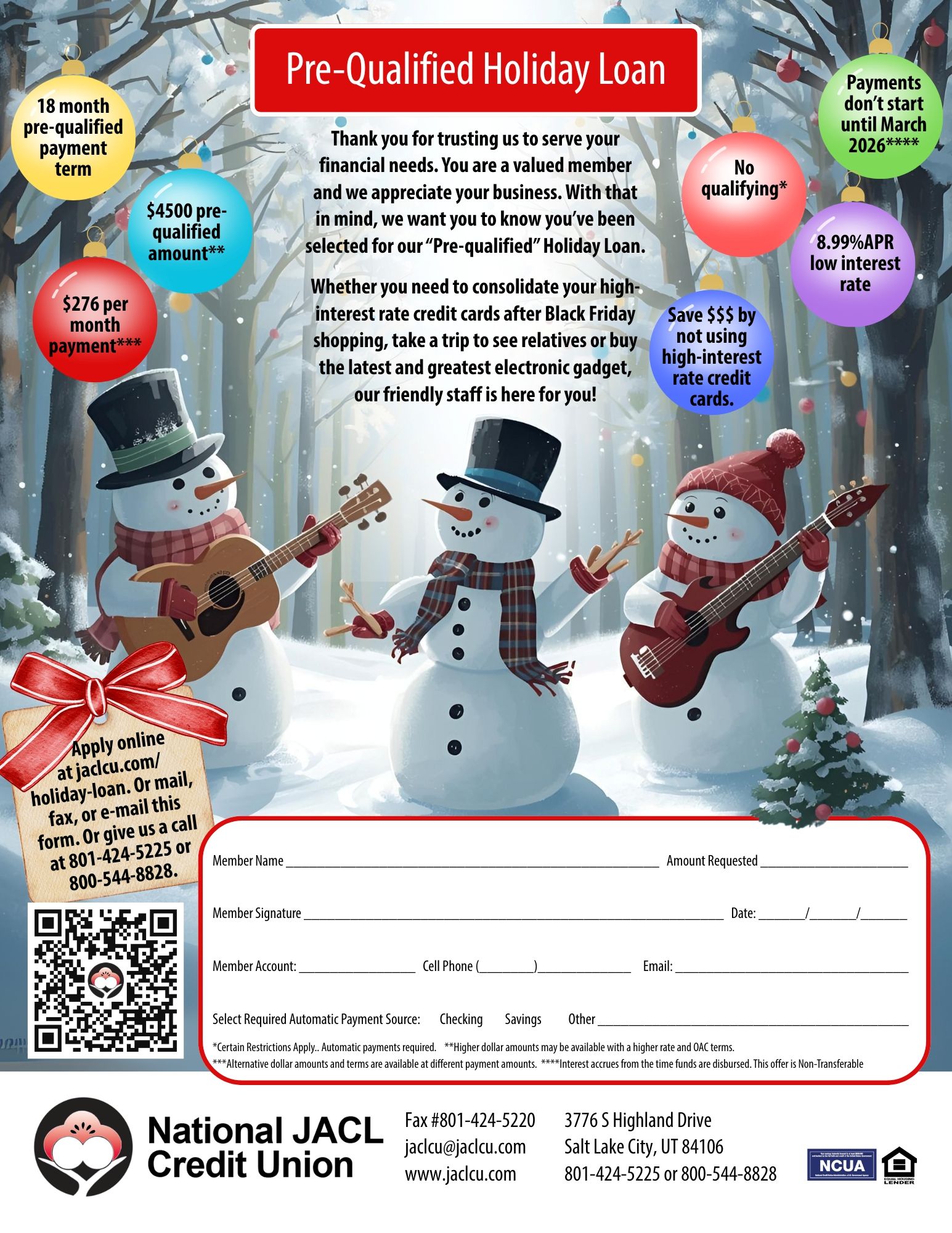 2025_0903_JACL_Project_Poster_8.5x11in_HolidayLoan Holiday loan ad with three snowmen singing in harmony while playing guitars